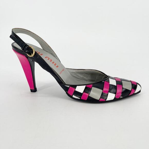 Vintage Retro Miu Miu Pink Black White Woven Pointed Toe Slingback Pump IT 39 - Picture 2 of 11